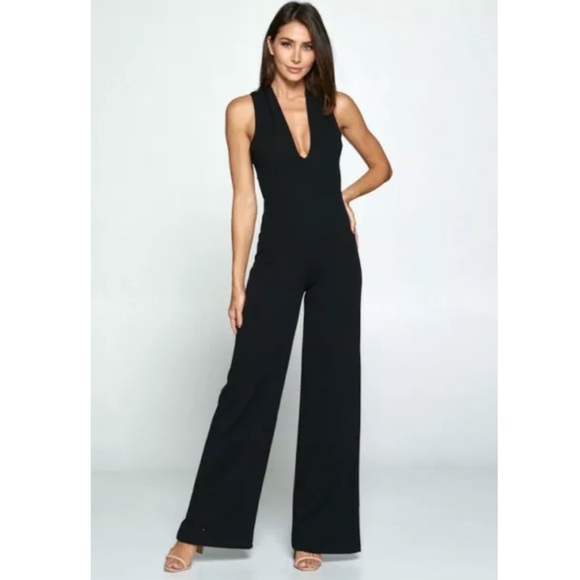 Black Sexy Crepe Open X Back Wide Leg Jumpsuit - Picture 2 of 4